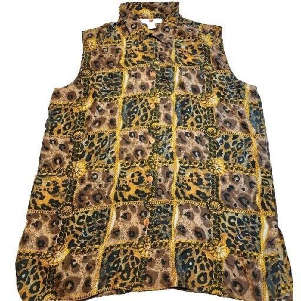 Stunt Collections Vtg Women's Leopard Animal Print Silk Top Blouse‎ Sz Large Nos
